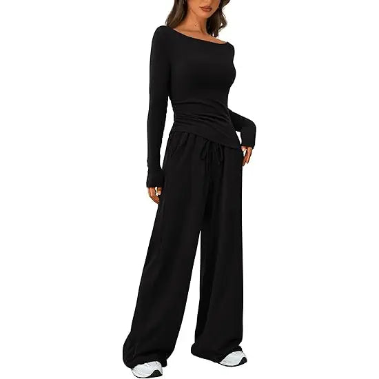 PRETTYGARDEN Women's 2-Piece Lounge Set Asymmetrical Long Sleeve T-Shirt & Wide Leg Pants Casual Fitted Tracksuit Loungewear Basic Minimalist Clothing with Drawstring & Pockets