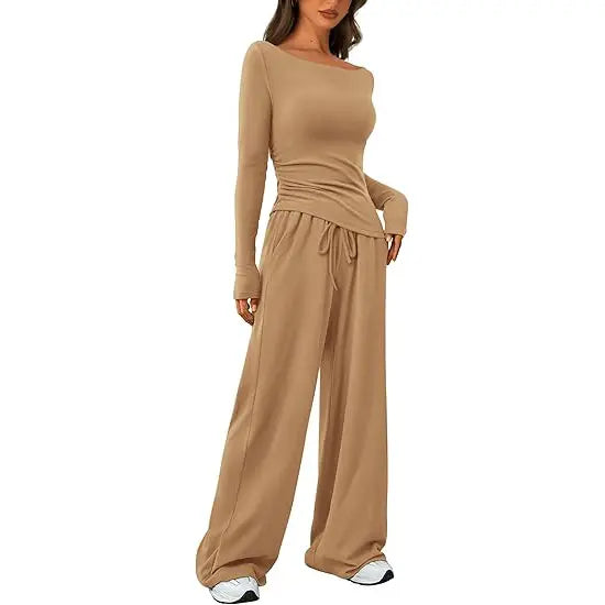 PRETTYGARDEN Women's 2-Piece Lounge Set Asymmetrical Long Sleeve T-Shirt & Wide Leg Pants Casual Fitted Tracksuit Loungewear Basic Minimalist Clothing with Drawstring & Pockets