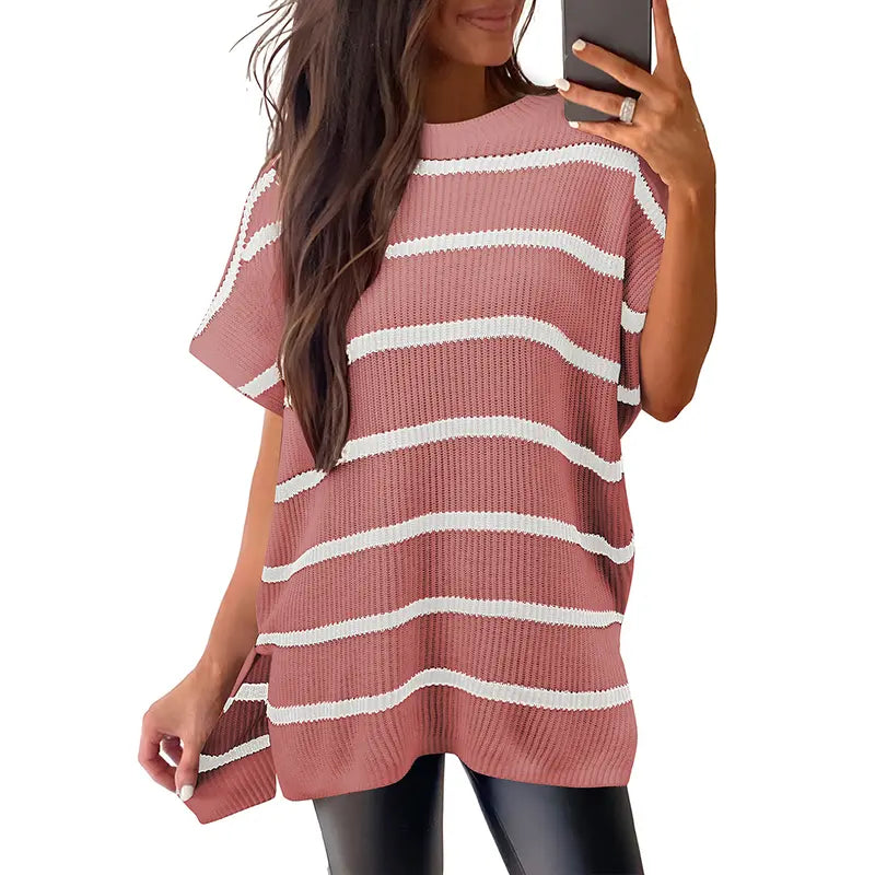 Shewin 2026 Spring/Summer Oversized Cozy Ribbed Knit Top Women’s Crew Neck Short Sleeve Pullover Elegant Solid Color Knitwear with Side Slit for All-Season Casual Outfits SpringStatements