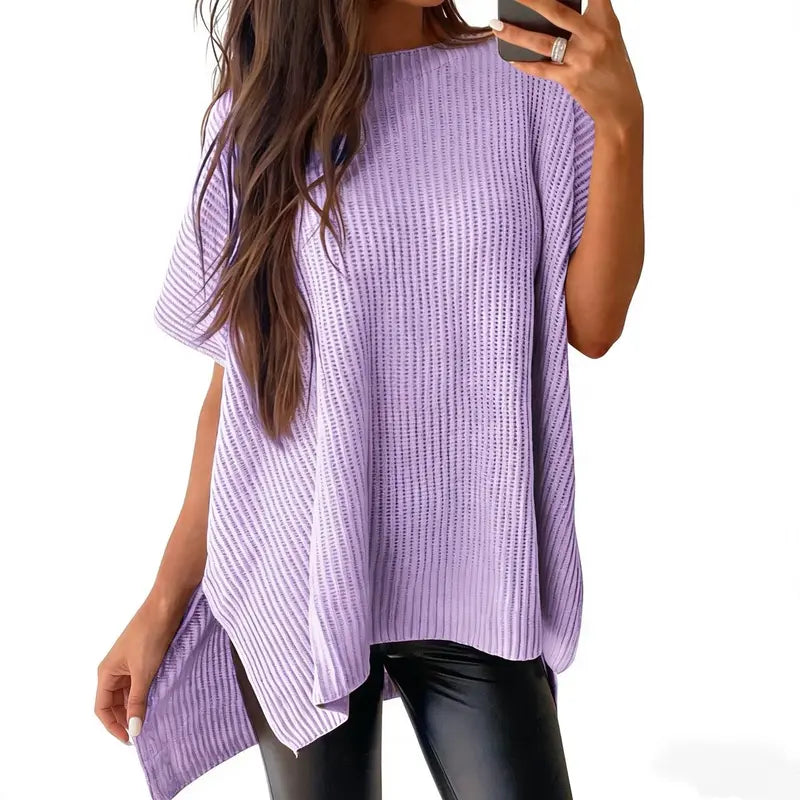Shewin 2026 Spring/Summer Oversized Cozy Ribbed Knit Top Women’s Crew Neck Short Sleeve Pullover Elegant Solid Color Knitwear with Side Slit for All-Season Casual Outfits SpringStatements