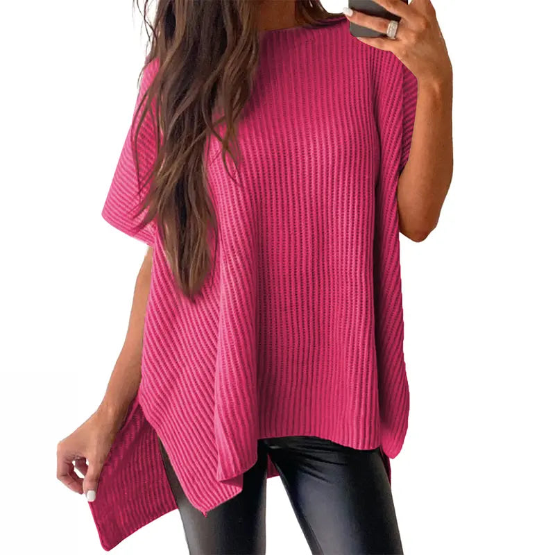 Shewin 2026 Spring/Summer Oversized Cozy Ribbed Knit Top Women’s Crew Neck Short Sleeve Pullover Elegant Solid Color Knitwear with Side Slit for All-Season Casual Outfits SpringStatements