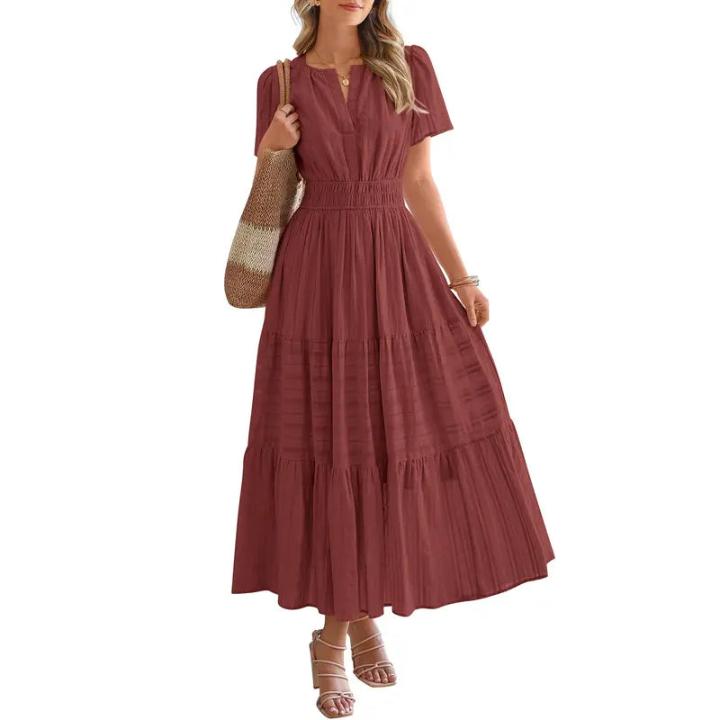 BTFBM Women's Summer 2026 Casual Maxi Dress Lightweight Short Sleeve V Neck Boho Dress with Pockets #Outdoorfun
