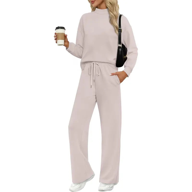 OFEEFAN Two Piece Sets for Women Fall Outfits Lounge Sets Mock Neck Tops Wide Leg Pants Vacation Travel Airport Outfits Casual Long Sleeve SpringStatements