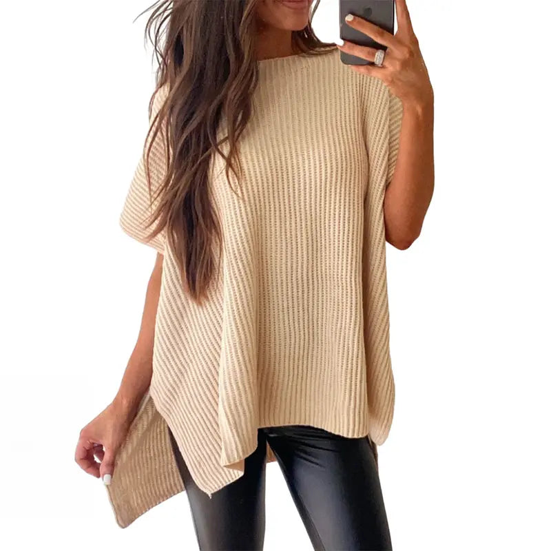 Shewin 2026 Spring/Summer Oversized Cozy Ribbed Knit Top Women’s Crew Neck Short Sleeve Pullover Elegant Solid Color Knitwear with Side Slit for All-Season Casual Outfits SpringStatements