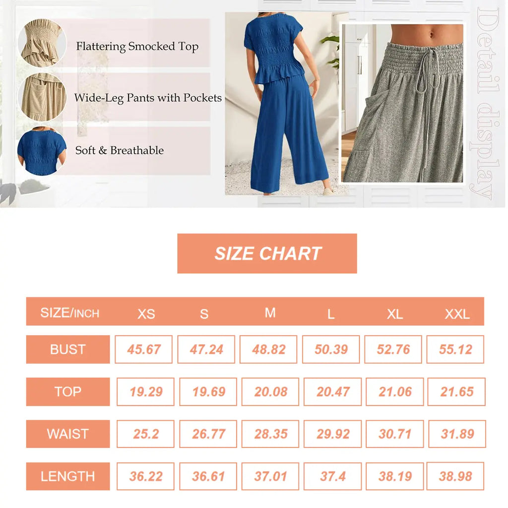 Yeokou Women’s  2-Piece Smocked Top & Wide-Leg Pants Sets–High-Waisted Lounge  Outfit with Pockets Casual Boho Matching Set