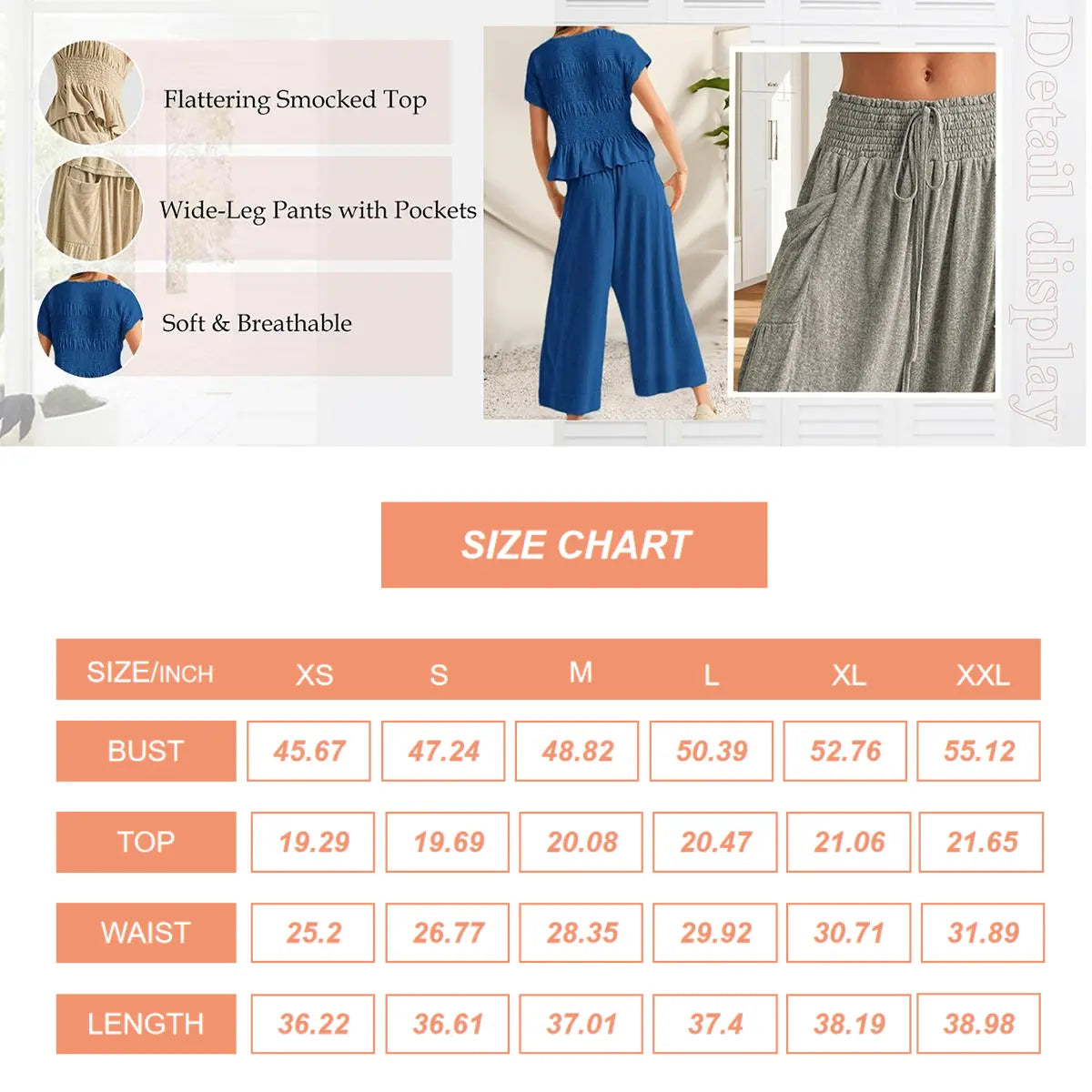 Yeokou Women’s  2-Piece Smocked Top & Wide-Leg Pants Sets–High-Waisted Lounge  Outfit with Pockets Casual Boho Matching Set
